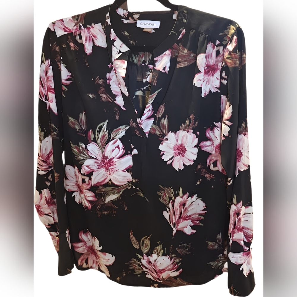 Calvin Klein Black and Pink Floral Blouse